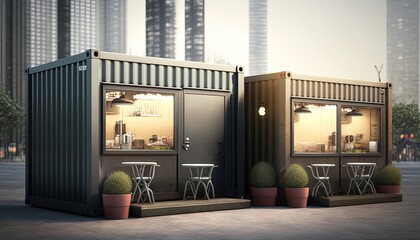 local small shop building made from recycle used shipping container box with Asian city atmosphere, Generative Ai