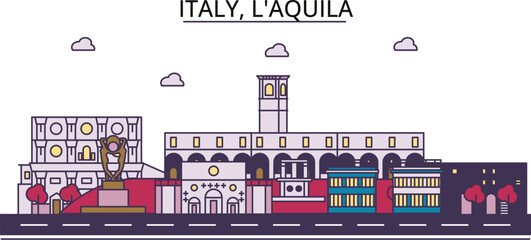 Italy, L'aquila tourism landmarks, vector city travel illustration - obrazy, fototapety, plakaty