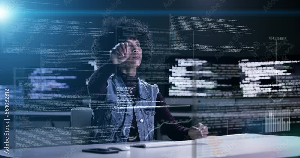 Aufkleber Woman, programming and dashboard hologram at night on computer or coding software application at office. Female programmer working late on virtual code app, UI or UX in cybersecurity at workplace