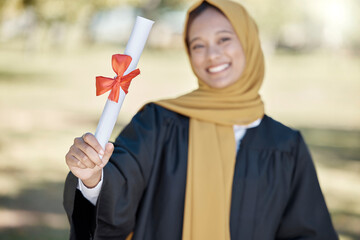 Graduation, university diploma and Muslim woman with award for success, ceremony and achievement....