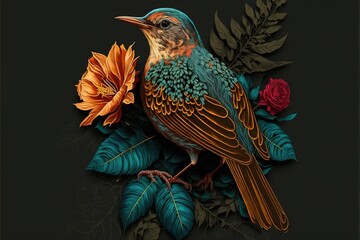 a bird with a flower and leaves. Colorful illustration, abstraction, detailed, poster, wallpaper, decoration, feathers, wings, petals, plants, flowers, tropics, exotic, ecology. Creativity concept. AI