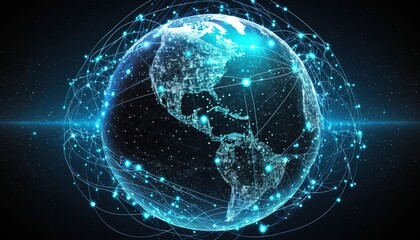 Obraz premium earth planet with glow light trail line and spot around the world, idea for futuristic technology communication and real time data transmitting, Generative Ai
