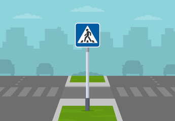 Safe driving tips and traffic regulation rules. Divided lane road. Zebra crossing with a central island. Flat vector illustration template.