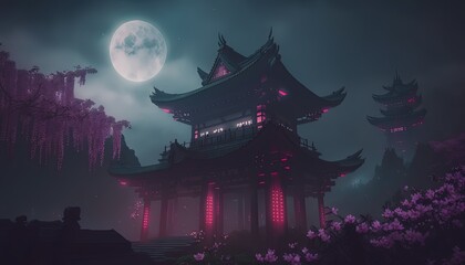 beautiful scenery in night time of Asian ancient palace in spring time with cherry blossom tree and mountain as background Generative Ai - obrazy, fototapety, plakaty