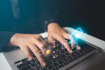 Businesswoman managing online data and documents in cloud on virtual screen, highly secured storage, easy and quick to use information.