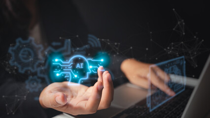 Businesswoman showing learning and use of artificial intelligence on virtual screen, ai with its use in education, data transfer between human intelligence and ai