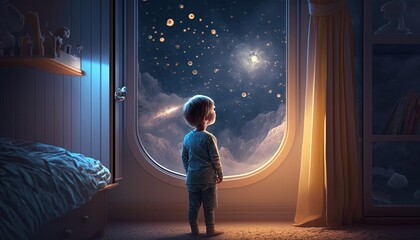 a kid watching out at big window open to galaxy sky, midnight time, idea for imagination and dream concept, Generative Ai