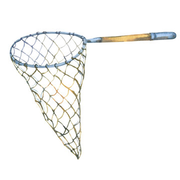 Fishing net for catching fish and butterflies, isolated on white background. Watercolor hand drawn illustration sketch. Fishing net for your design illustrations and compositions, stickers, business c