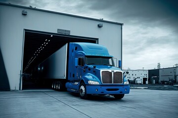 new blue cargo truck leaving warehouse with cargo, created with generative ai
