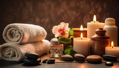 Obraz na płótnie Canvas spa and wellness background wallpaper, flowers, stone and candles, Generative Ai