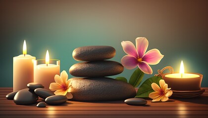 spa and wellness background wallpaper, flowers, stone and candles, Generative Ai