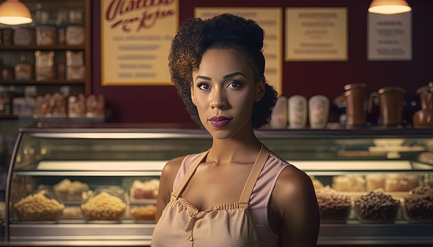 beautiful African American woman open her own restaurant, idea for dream and lifestyle of people career and work, Generative Ai not real person 