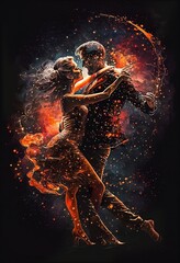 Illustration of latin couple dancing tango dance in space, surrounded by colorful flame sparks and stars. Passion and love concept. Generative ai art. - 581033304
