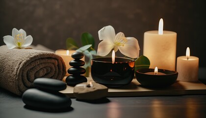 Obraz na płótnie Canvas spa and wellness background wallpaper, flowers, stone and candles, Generative Ai