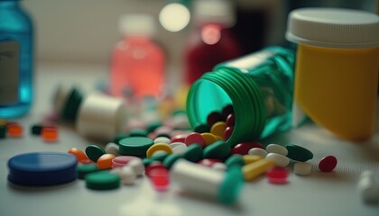 illustration of medicine bottle with a lot of pills in it, Generative Ai