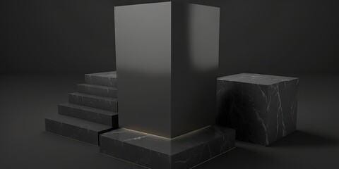 Illustration of a dark stone podium for displaying products, Generative AI