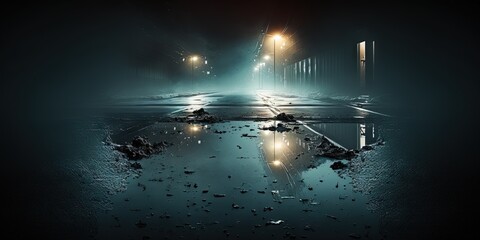 Water reflects rays on the wet asphalt of a dark street, Generative AI