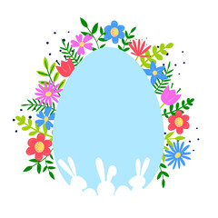 Colourful Easter egg with hand drawn flowers and bunnies. Concept of  Easter background. Vector illustration