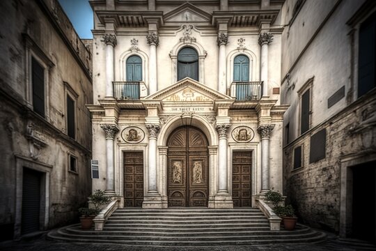Matera, Italy - 15.02.19: Entrance of baroque styled Chiesa di Santa Chiara, dated C 16th, located next to the National Archaeological Museum "Domenico Ridola", AI generated