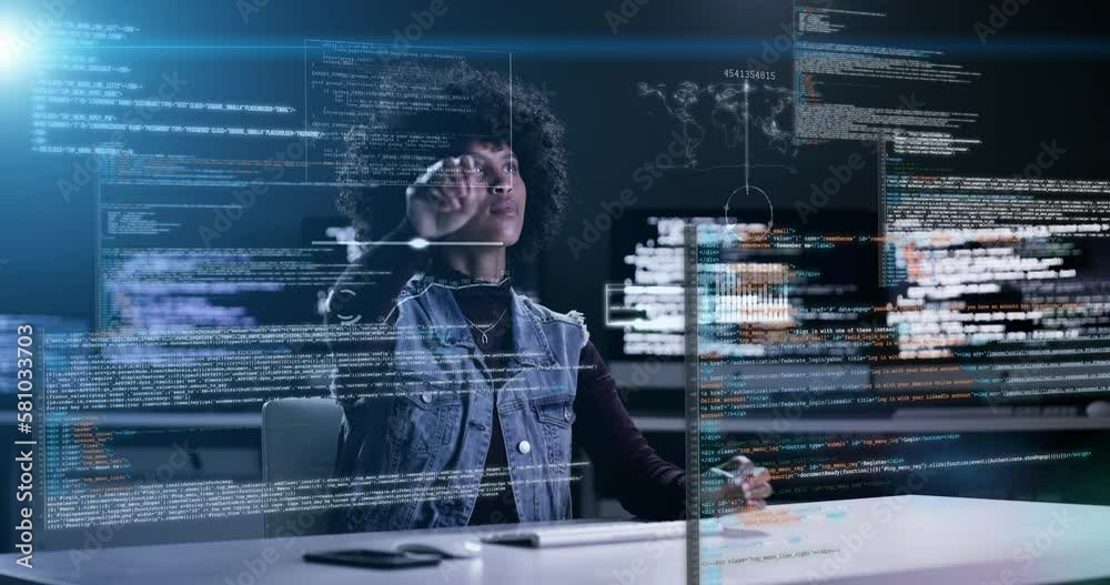 Fototapete Woman, programming and coding hologram at night on computer dashboard for software application at office. Female programmer working late on virtual code app, UI or UX in cybersecurity at workplace