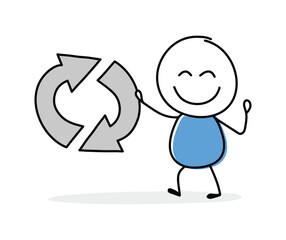 Cartoon stickman holding circular arrow (recycle) icon. Funny hand drawn design for business presentation. Vector illustration