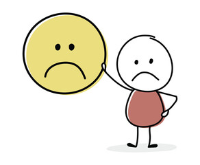 Sad stickman with emoticon symbol. Vector