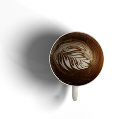 top view coffee cup with latte coffee PNG file with real shadow for background replacement, 3d illustration rendering