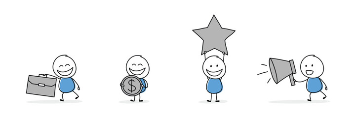 Hand drawn stickman holding briefcase, money, star and loudspeaker symbol. Cartoon style icon set. Vector illustration