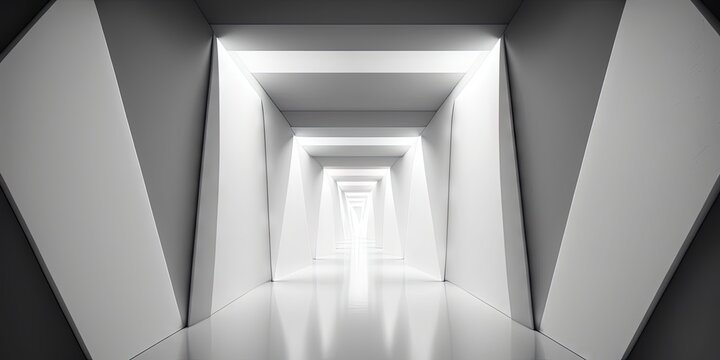 A light, long corridor with a modern white background and a futuristic triangle tunnel, Generative AI