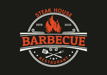 Barbecue logo. Grill, BBQ icon or stamp. Meat restaurant, steak house symbol. Vintage barbeque design. Vector illustration.