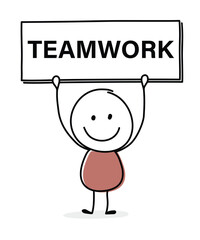 Smiley cartoon caricature with text on a board - teamwork. Business concept. Vector