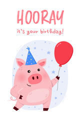 Happy birthday. Card with funny pig with balloon. Vector illustration