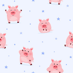Blue background with cute pigs. Concept of a seamless pattern. Vector illustration