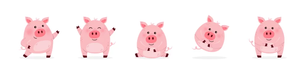 Fotobehang Cute cartoon pig set. Design of a farm animal character. Vector illustration © Karolina Madej