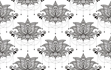 Indian Lotus flower vector seamless pattern, Mehndi henna tattoo style, Yoga or zen decoration, bohemian textile in black on white background
- 581034148