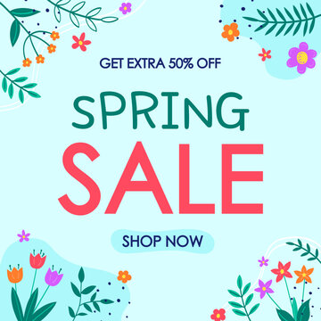 Spring Sale. Floral background with colourful blooming flower and leaves. Vector illustration