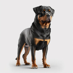 Obraz premium Stehender Rottweiler auf weißem Hintergrund (erstellt durch KI-Tool)