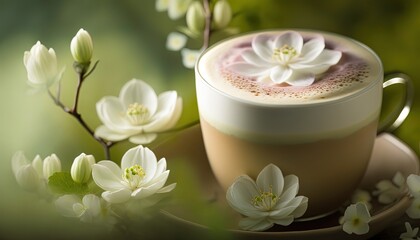 Obraz na płótnie Canvas close up a glass of matcha green tea drink with latte art topping, Generative Ai