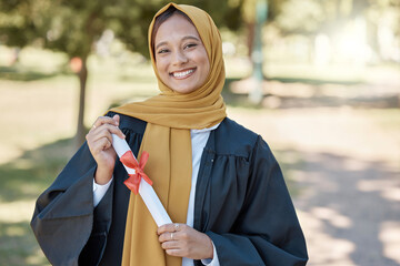 University graduation portrait of muslim woman with education certificate, scholarship success or...