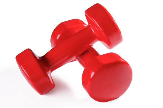 Two red dumbbells isolated on transparent background with shadow.