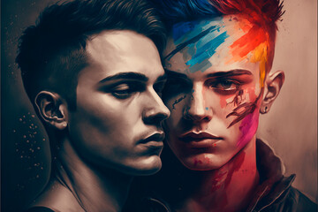 Obraz premium portrait of two gay men with lgbt flag