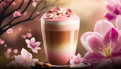 Pink sakura latte milkshake with cherry blossom branch, spring summer season greeting drink,  Generative Ai