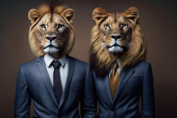 Roaring Success: Lion Couple Dressed for Business in Sharp Suits, Creative stock image of animal couple in business suit. Generative AI