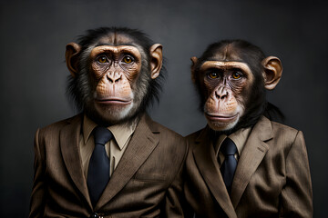 Swinging in Style: Monkey Couple in Sharp Business suit, Creative stock image of animal couple in business suit. Generative AI