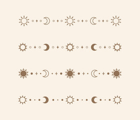 Celestial mystic separator set with sun, stars, moon phases, crescents. Ornate boho magical divider decorative element