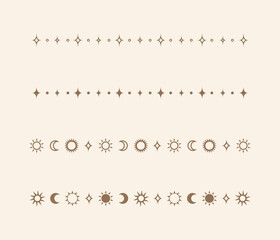 Celestial mystic separator set with sun, stars, moon phases, crescents. Ornate boho magical divider decorative element