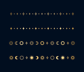 Fototapeta na wymiar Gold celestial separator set with sun, stars, moon phases, crescents. Ornate boho mystic divider decorative element