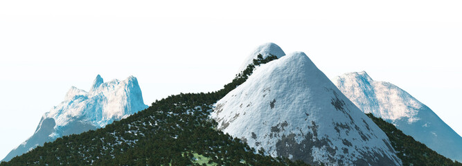 Snowy mountains Isolated on white background 3d illustration