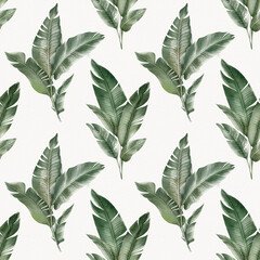 Seamless floral pattern with Banana palm leaves hand-drawn painted in watercolor style. The seamless pattern can be used on a variety of surfaces, wallpaper, textiles or packaging
