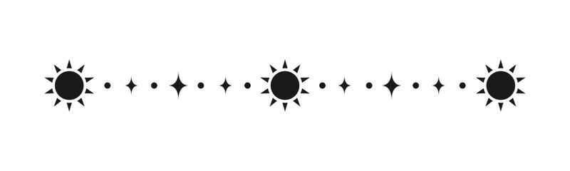 Celestial mystic separator with sun, stars, moon phases, crescents. Ornate boho magical divider decorative element